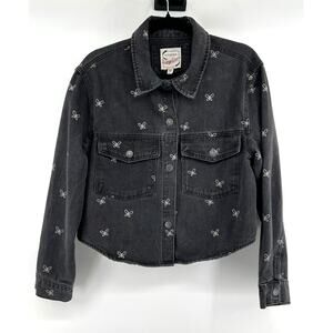 Stoosh Cropped Black Denim Jacket with Butterflies